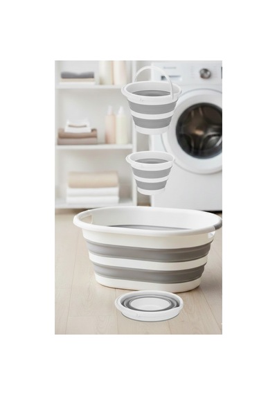 3 Lü Harika Banyo Seti 90 Lt Çamaşır Sepeti + 5 Li Banyo Seti + Katlanır Üçlü Set Gri Beyaz Gri - 885850700 Gri
