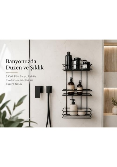 Alper Banyo 3 Katlı Siyah Düz Banyo Rafı, Yapışkanlı Ve Vidalı Montajlı Duş Rafı, Şampuanlık Ve Banyo Düzenleyici Raf Açık Ceviz