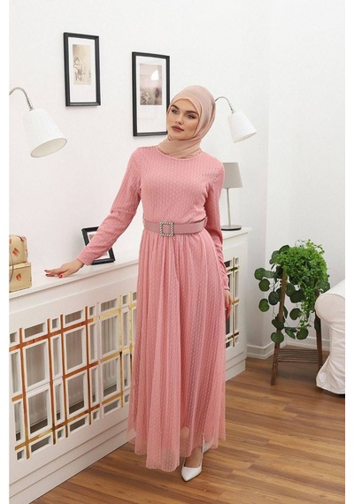 Neşeli Butik Kadın Puantiyeli Tesettür Elbise Rssn45 - Gül Kurusu