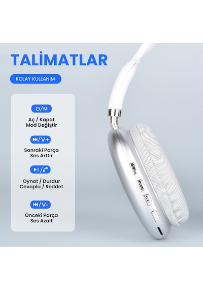 Zore P9 Hi-fi Ses Kalitesi Ayarlanabilir Ve Katlanabilir Kulak Üstü Bluetooth Kulaklık Beyaz
