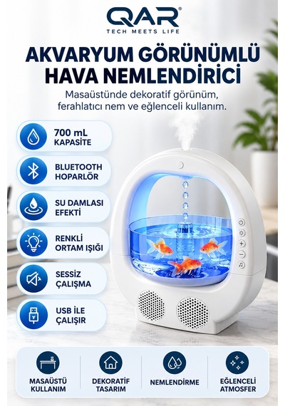 Akvaryum Görünümlü 700 Ml Bluetooth Hoparlörlü Hava Nemlendirici Ters Akan Su Damlası Efektli 7 Renk Led Işıklı