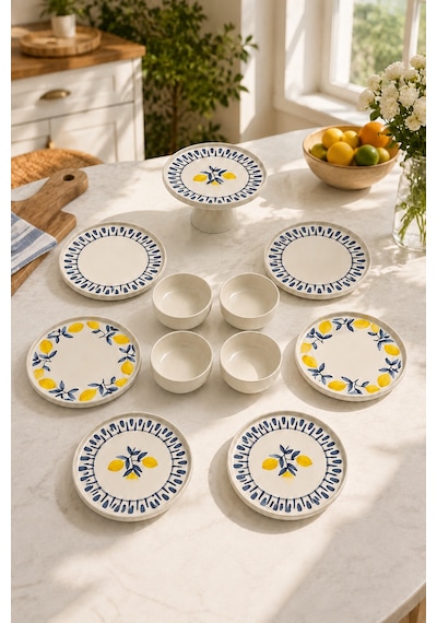 Mavi Limon 11 Parça 6 Kişilik Handmade Stackable Seramik Tabak Seti Premium Sunum & Kahvaltı Takımı Beyaz