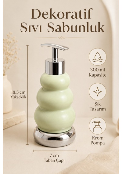 Trıo Dekoratif Premium 3 Boğumlu Sıvı Sabunluk 300 Ml Krom Görünümlü Pompalı Pastel Yeşil Banyo Ve Mutfak Sabun Dispenseri - 18,5 Cm X 7 Cm