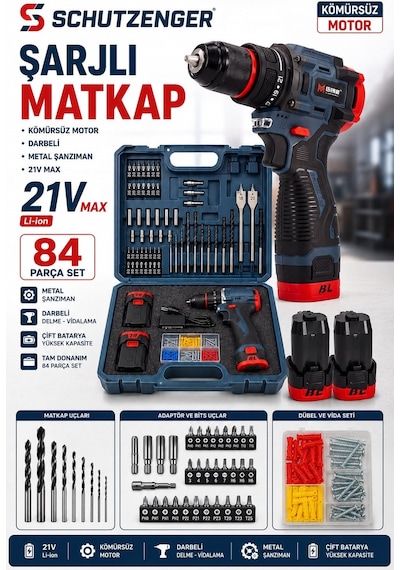 F11 Şarjlı Armut Matkap Darbeli Kömürsüz Motor 21w 84 Parça Çelik Şanzıman Su Geçirmez Profesyonel Usta Set