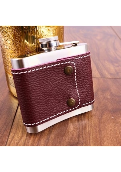 5 Oz-150 Cc Hunili Kahve Brown Deri Kılıf Çelik Viski İçki Konyak Matarası Genel