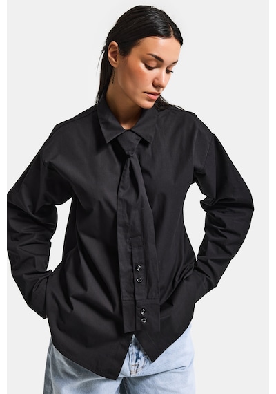Itsbasic Kadın Siyah Oversize Kravat Detaylı Özel Tasarım Bol Kesim Gömlek