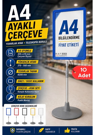 10 Adet - A4 Ayaklı Çerçeve Seti Yuvarlak Tabanlı Teleskopik Fiyat Etiketi Standı Mavi