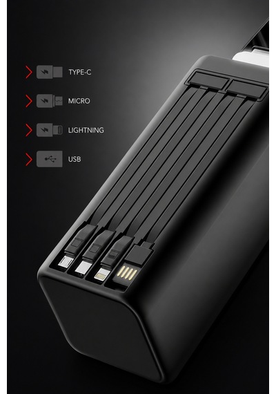 50000 Mah 22.5w Süper Hızlı Şarj Dijital Ekranlı Kablolu Led Işıklı Powerbank Siyah