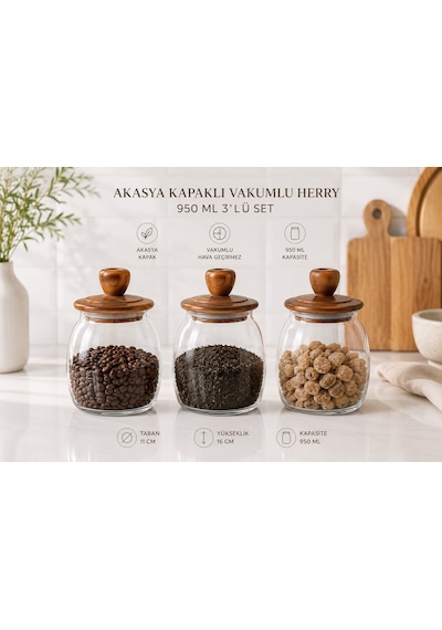 Morponi 3 Adet Akasya Kapaklı Herry Borosilikat Konik Cam Kavanoz 950 Ml Amber