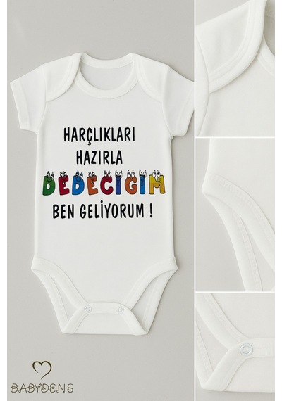 Babyden's Harçlıkları Hazırla Dedeciğim Ben Geliyorum Yazılı Çıtçıtlı Bebek Body Tulum Zıbın %100 Pamuk Beyaz