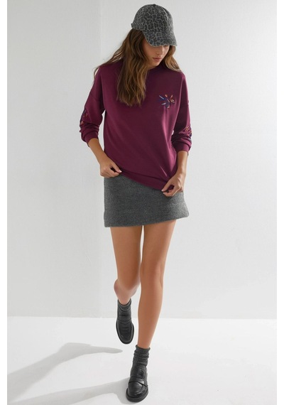 Hiccup Modal Dokulu İşlemeli Bisiklet Yaka Sweatshirt Berşan Collection Bordo Kırmızı