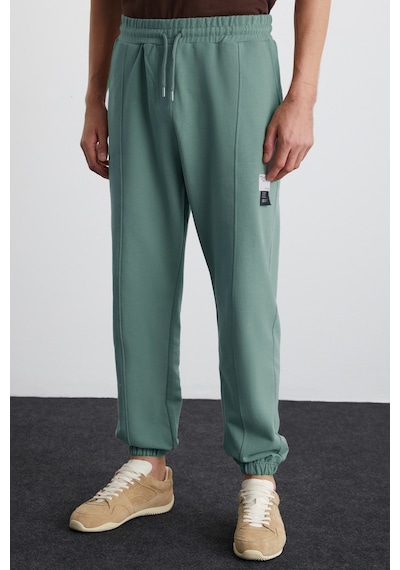 Grimelange ROWAN Erkek Organik Pamuklu Relaxed Fit İçi Polarlı Süs etiketli Jogger Yeşil Eşofman Altı