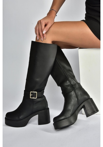 Fox Shoes V726454109 Siyah Kalın Topuklu Klasik Kadın Çizme Siyah-Suni Deri