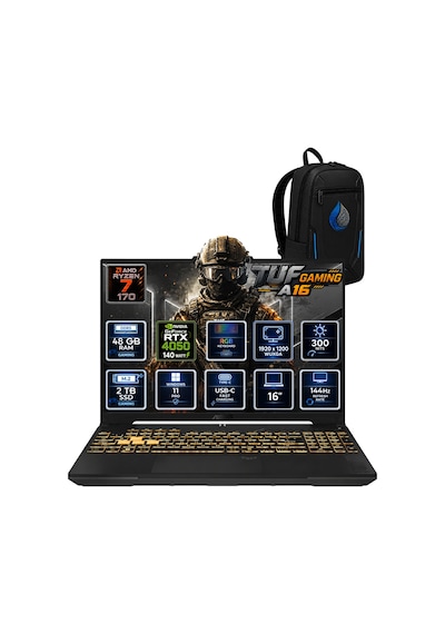 Asus Tuf Gaming A16 Amd Ryzen 7 170 48 Gb Ddr5 2 Tb Ssd Rtx 4050 6 Gb 16'' Wuxga Ips 144hz Windows 11 Pro Oyuncu Dizüstü Bilgisayar Fa607nuq-rl048rnp19