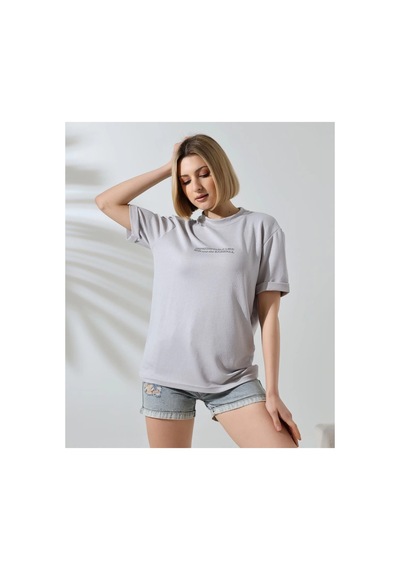 Kadın Bisiklet Yaka Baskılı Slim Fit T-shirt - Boyalı Gri