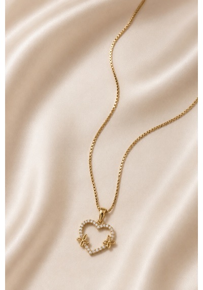 Balenbi Jewelry Kadın Taşlı Kalp Ve Kelebek Figürlü Kararmaz Çelik Kolye 14k Gold 1154 Altın
