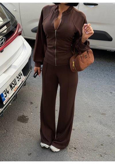 Evoa Kadın Kahve Bel Bağlamalı Fermuarlı Hırka Ve Bol Paça Pantolon Takım Kahverengi