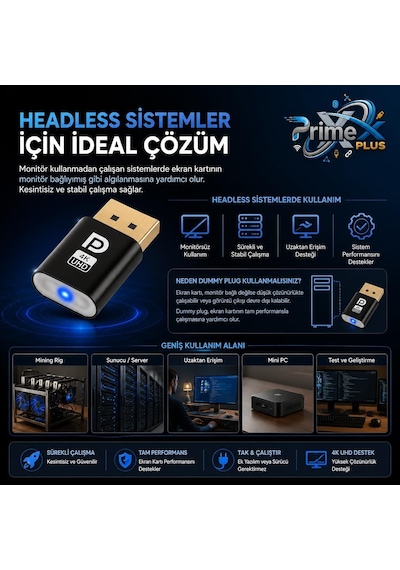 Primex Px-5261 Displayport 4k Uhd Display Dummy Plug, Dp Sanal Monitör Adaptörü, Ekran Kartı Emülatörü, Headless Display Emulator, Bitcoin Mining Ve Uzaktan Erişim İçin