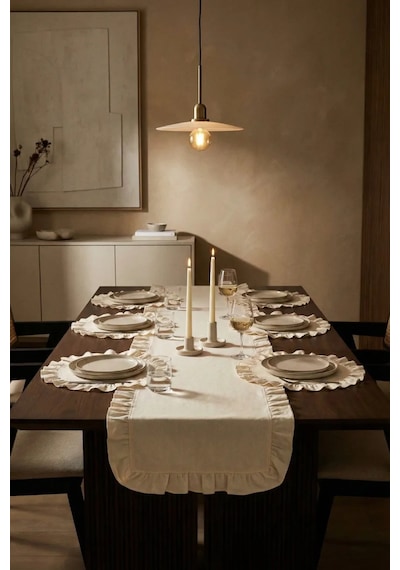 Morlay 7 Parça Fırfırlı Sofra Sunum Seti 6 Adet Amerikan Servisi Supla + 1 Adet Fırfırlı Runner - 40x110 Cm Beyaz