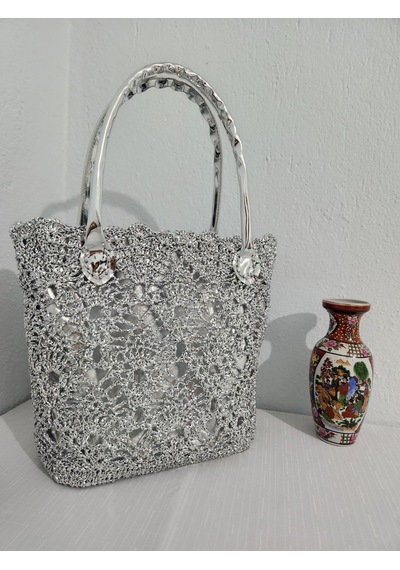 Fikriharika Design Lacebag, Metalik İp, Gümüş, Dantel, Işıltılı Kadın Omuz Çantası