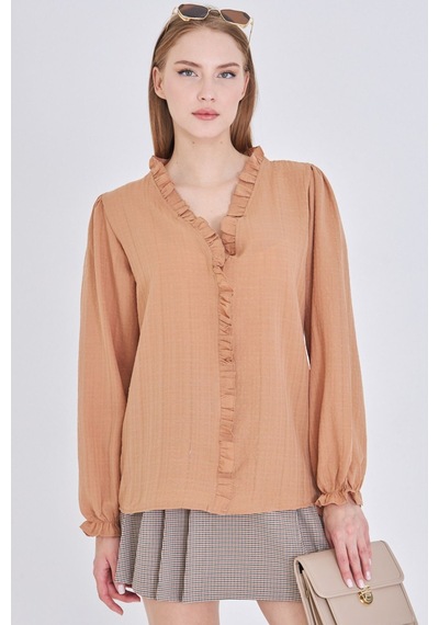 Armonika Kadın Camel Yakası Ve Önü Fırfır Detaylı Kolları Lastikli Uzun Kollu Bluz Arm-25k001030