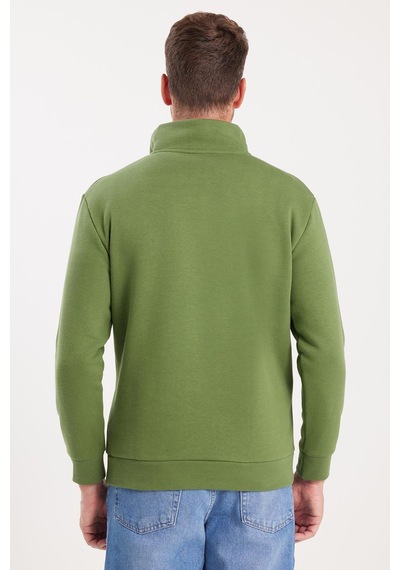 Tudors Unisex Relax Fit Rahat Kesim Pamuklu İçi Polarlı Yarım Fermuarlı Yeşil Dik Yaka Sweatshirt-35157 Yeşil