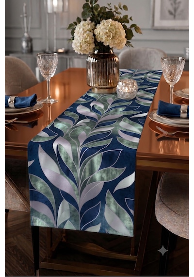 Premium Masa Runner Dijital Baskılı Yaprak Desenli Dekoratif Salon Mutfak Yemek Masası Runner Örtüsü 45x140 Cm Mavi