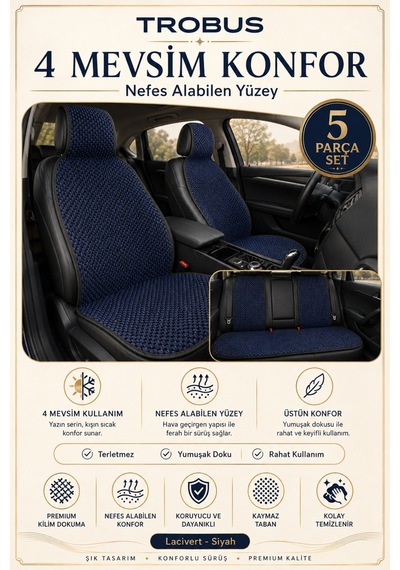 Fiat Egea Hb 2017+ Üniversal Premium Örme 5 Parça Minder Terletmez Kaymaz Taban Lacivert Siyah