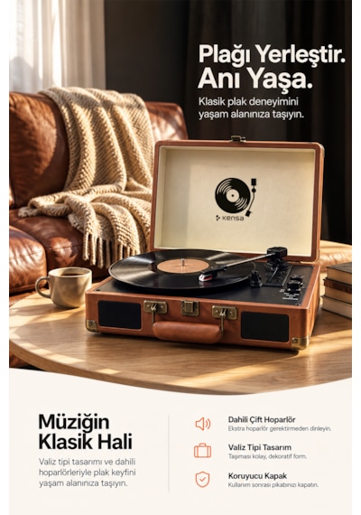 Kensa Bluetooth Lu Nostaljik Çantalı Pikap 33/45/78 Devir Dahili Bataryalı Plak Çalar Ahşap Kahverengi