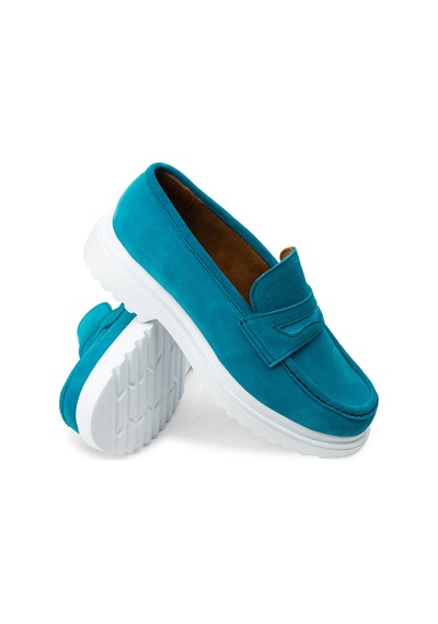 Deery Hakiki Süet Turkuaz Rengi Loafer Kadın Ayakkabı - 01903ztrkp01 Turkuaz