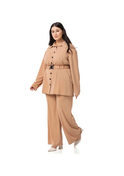 Disentis Büyük Beden Beli Kemerli Gömlek Pantolon Camel İkili Takım-camel Camel