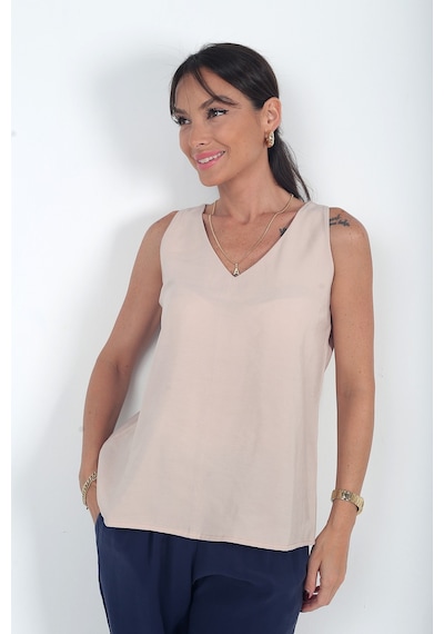 By Saygı Kadın V Yaka Pervazlı İtalyan Cotton Lyocell Bluz Bej