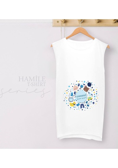 Bk Gift Kişiye Özel İsimli Uyuyor Tasarımlı Beyaz Sıfır Kol Hamile Tişört-3, Hamile Giyim, Eşe Hediye