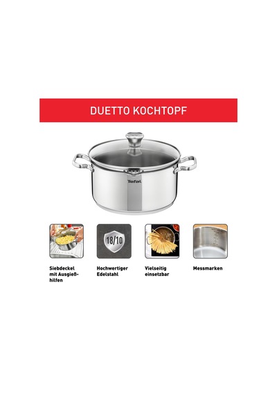 Tefal A70546 Duetto Tencere 24cm İndüksiyona Uygun Bulaşık Makinesinde Temizlenmesi Kolaydır Ölçme Ölçeği Dökme İçin Cam Kapak Paslanmaz Çelik Siyah