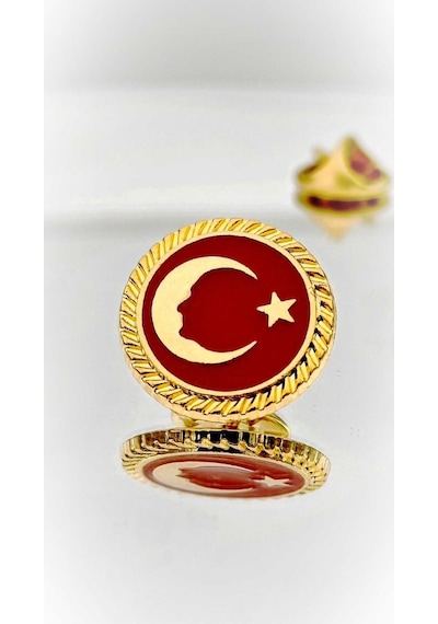 Yörük Tasarım Türk Bayrağı Atatürk Siluetli Altın Kaplama Mineli Yaka Rozeti Altın