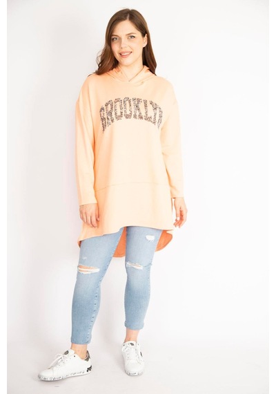 Şans Kadın Somon Büyük Beden Payet Detaylı Kapşonlu Arkası Uzun Sweatshirt-yeşil Yeşil