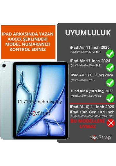 Novstrap Apple Uyumlu iPad Air 11 İnç M3/m2 Çip 2025-2024 İle Popit Tablet Kılıfı Askılı Standlı Standlı Kapak