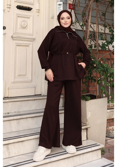Balenbi Kadın Oversize Kesim Fermuarlı Yaka Bel Stoperli Modal Takım 1234 Kahverengi