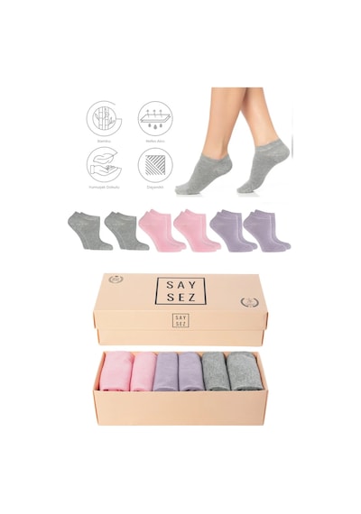 Saysez Bambu Kadın Patik Düz Gri-pembe-lila Çorap Dikişsiz Premium Kutulu 6'lı Paket Renkli