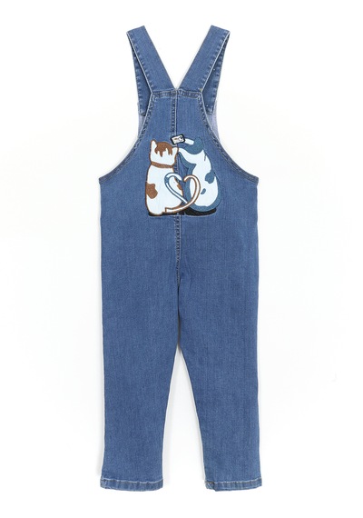 Dobakids Kedi Desen Aplikeli Unisex Bebek & Çocuk Denim Salopet Mavi 1987 Mavi