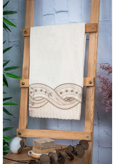 %100 Pamuk Fiyonk Güpürlü Çeyizlik Havlu 50x90 - Vizon