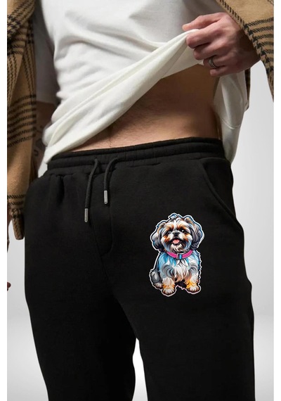 Angemiel Shih Tzu Renkli Köpek Pamuklu 3 İplik Siyah Eşofman Altı Erkek Oversize Kesim Dijital Baskılı Siyah