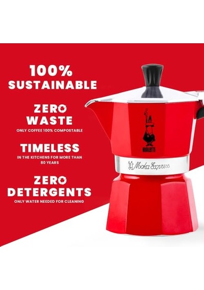 Bialetti 0004943 Moka Express Espresso Kahve Pişiricisi 6 Kişilik Rossa, Kırmızı