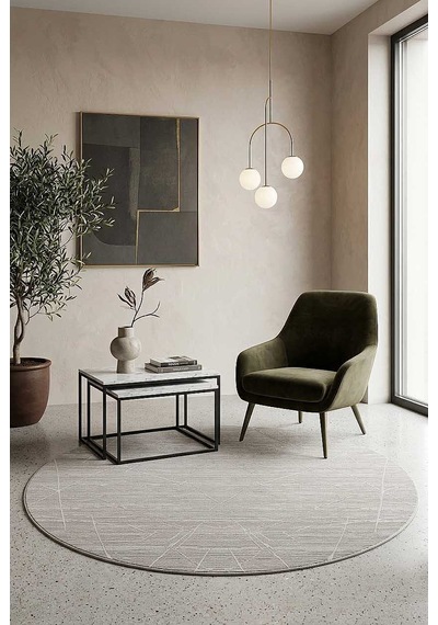 Parlak Saten Dokulu Poem Bambu Tuşe Modern Trend Yuvarlak Halı Pm09 Beyaz Kemik-krem