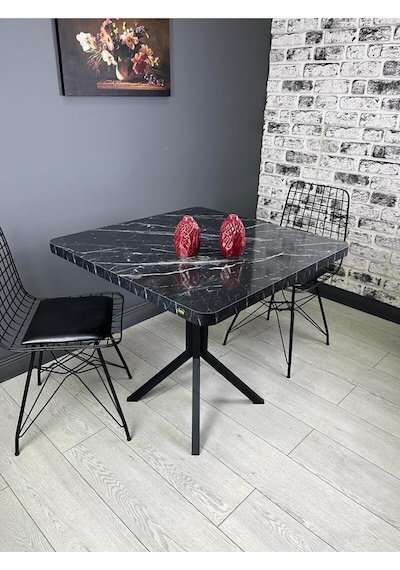 Roma Siyahmermer Mutfak Yemek Masası Balkon Masası Kavisli Köşe Metal Siyah Ayak 80 Cm