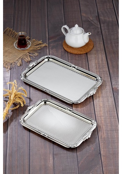 Cooker 2'li Metal Dikdörtgen Gümüş Sunum Tepsisi 43x30 Cm Ve 36x26 Cm Ckr3331 Diğer