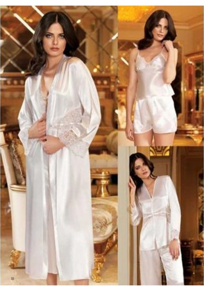 Perin 6080 6Lı Ipek Saten Gecelik Sabahlık Pijama S Beden Ekru