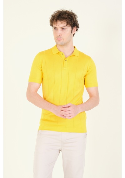 Giyim Dünyası Erkek Çizgili Polo Yaka Merserize T-shirt Sarı 001