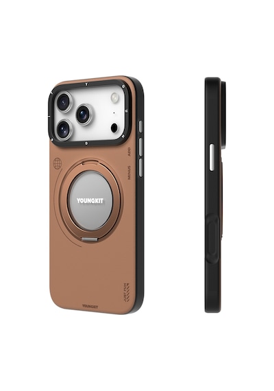 Apple Uyumlu iPhone 17 Pro Kılıf M-safe 360 Standlı Basit Mat Deri Desenli Youngkit Tech Leather Seri Kahverengi Kahverengi