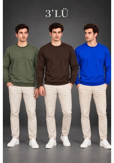 Modi Erkek 3lü Bisiklet Yaka İçi Şardonlu 2 İplik Düz Uzun Kollu Regular Fit Sweatshirt - Haki - Kahveren Çok Renkli S